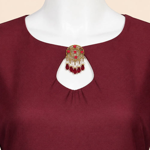 Burgundy Floral Lace Organza patch-Sleeve 2-Piece Suit – 0076M