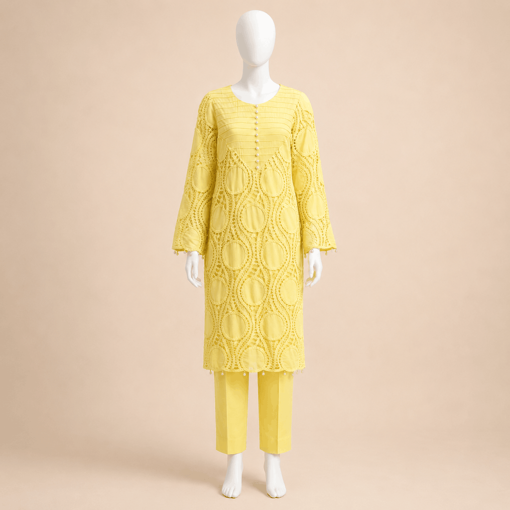 Lemon Yellow Pearl-Button Lawn Crochet work 3-Piece Suit With Lining– 0073M