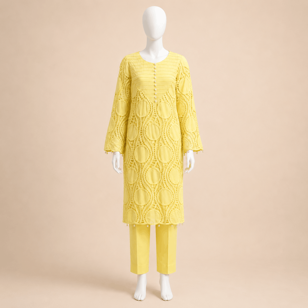 Lemon Yellow Pearl-Button Lawn Crochet work 3-Piece Suit With Lining– 0073M