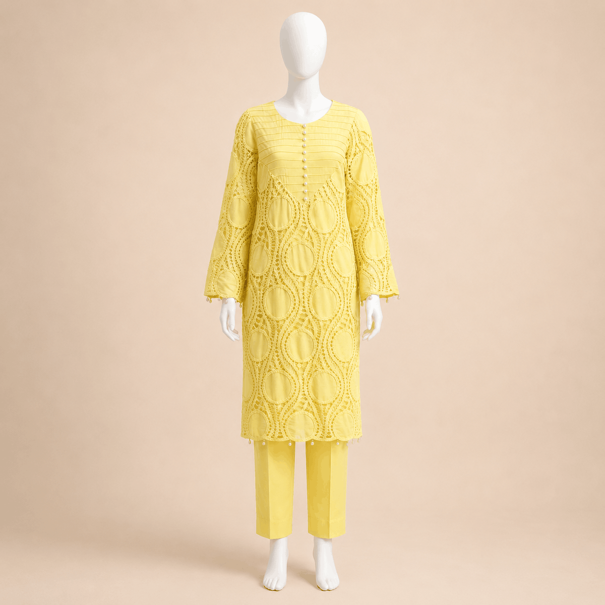 Lemon Yellow Pearl-Button Lawn Crochet work 3-Piece Suit With Lining– 0073M