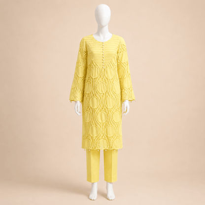 Lemon Yellow Pearl-Button Lawn Crochet work 3-Piece Suit With Lining– 0073M