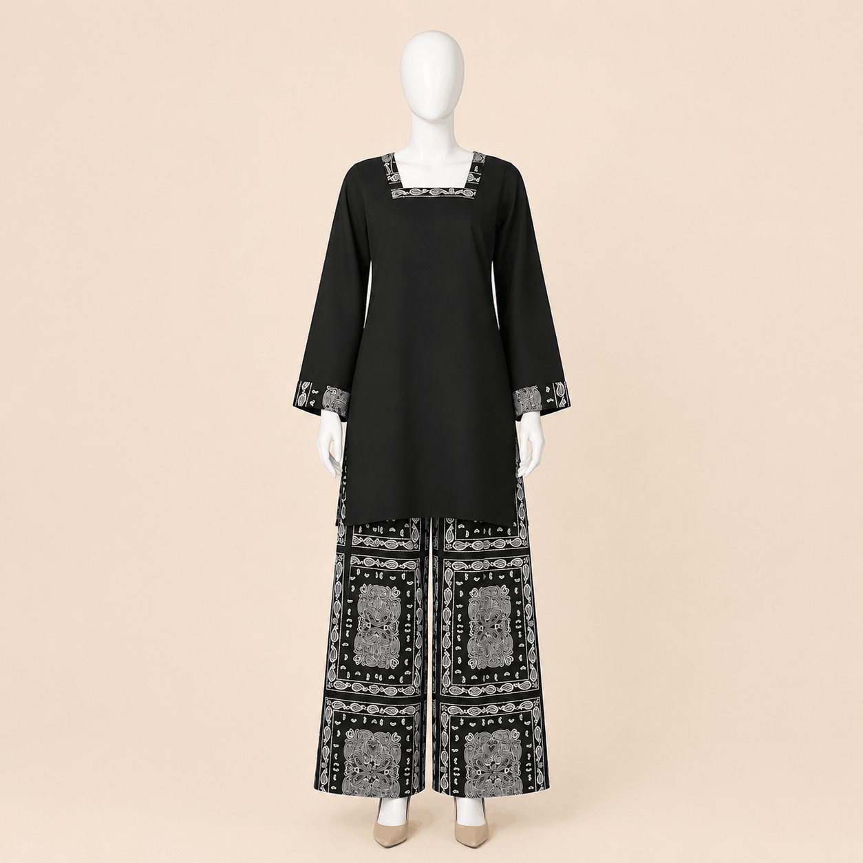 Monochrome Paisley Square-Neck Shirt with Printed Farshi shalwar – 0074M