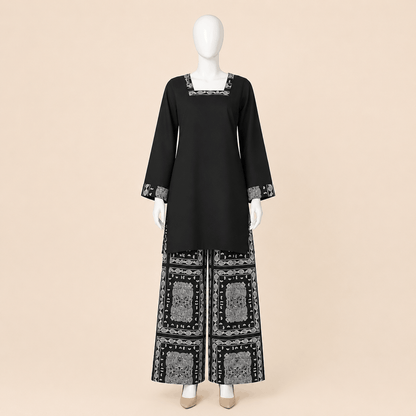 Monochrome Paisley Square-Neck Shirt with Printed Farshi shalwar – 0074M