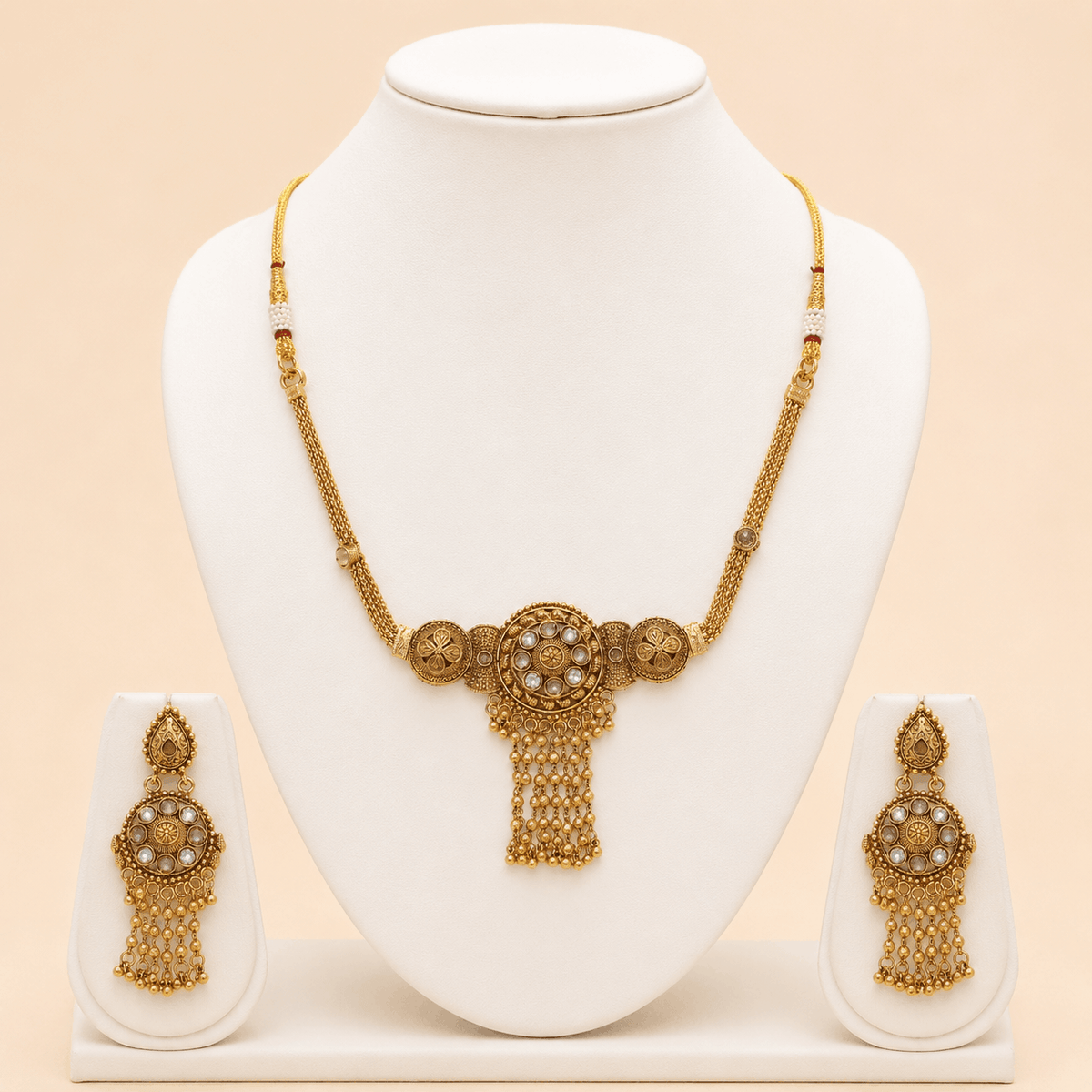 Antique Gold Circular Tassel Necklace Set – 0154M