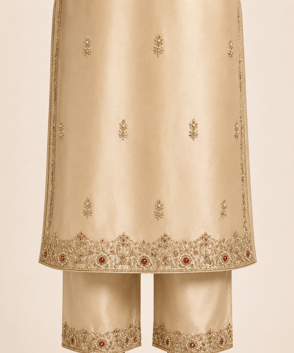 Champagne Gold Embroidered 3-Piece Formal Suit with Maroon Dupatta – 0099M