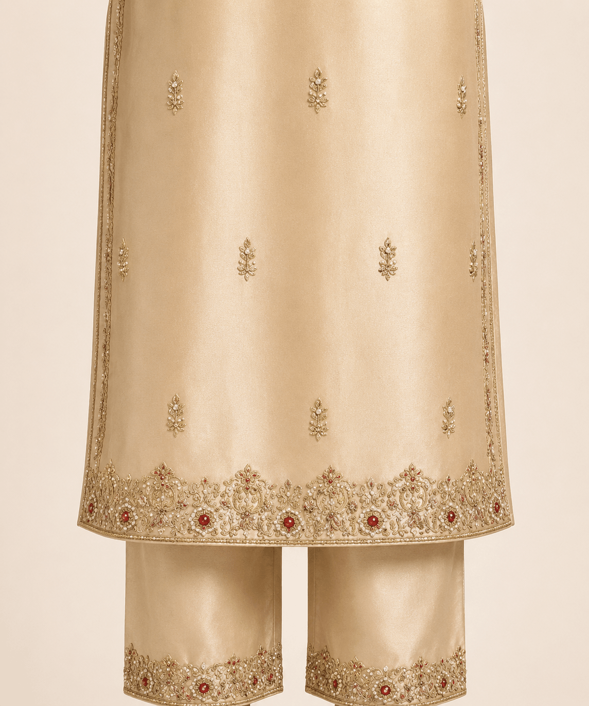 Champagne Gold Embroidered 3-Piece Formal Suit with Maroon Dupatta – 0099M