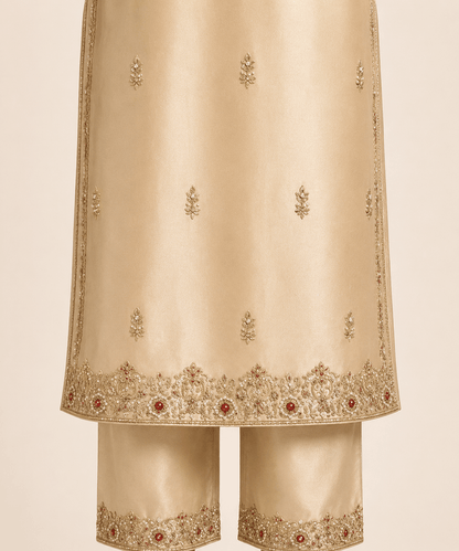Champagne Gold Embroidered 3-Piece Formal Suit with Maroon Dupatta – 0099M