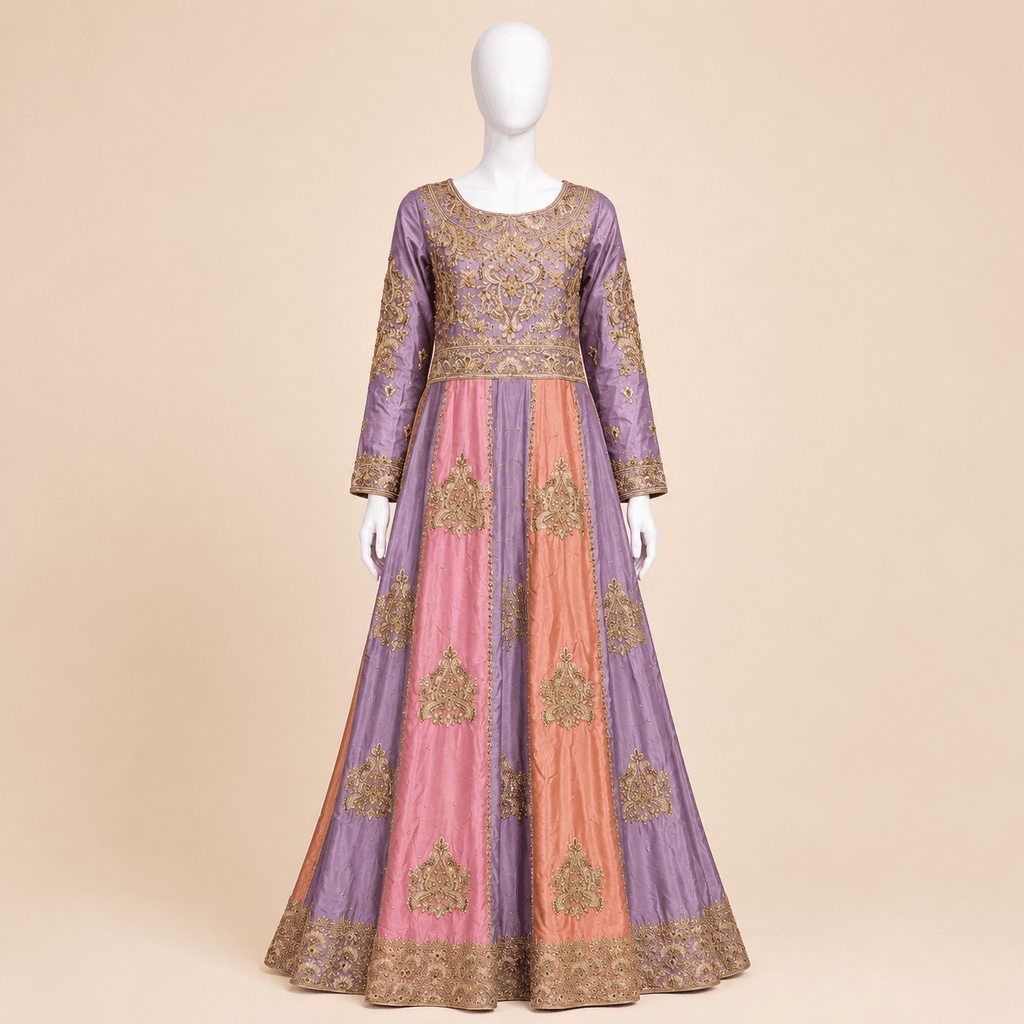 Pastel Lavender & Peach Gold Embroidered Double long Dupatta Bridal Anarkali Maxi – 0100M