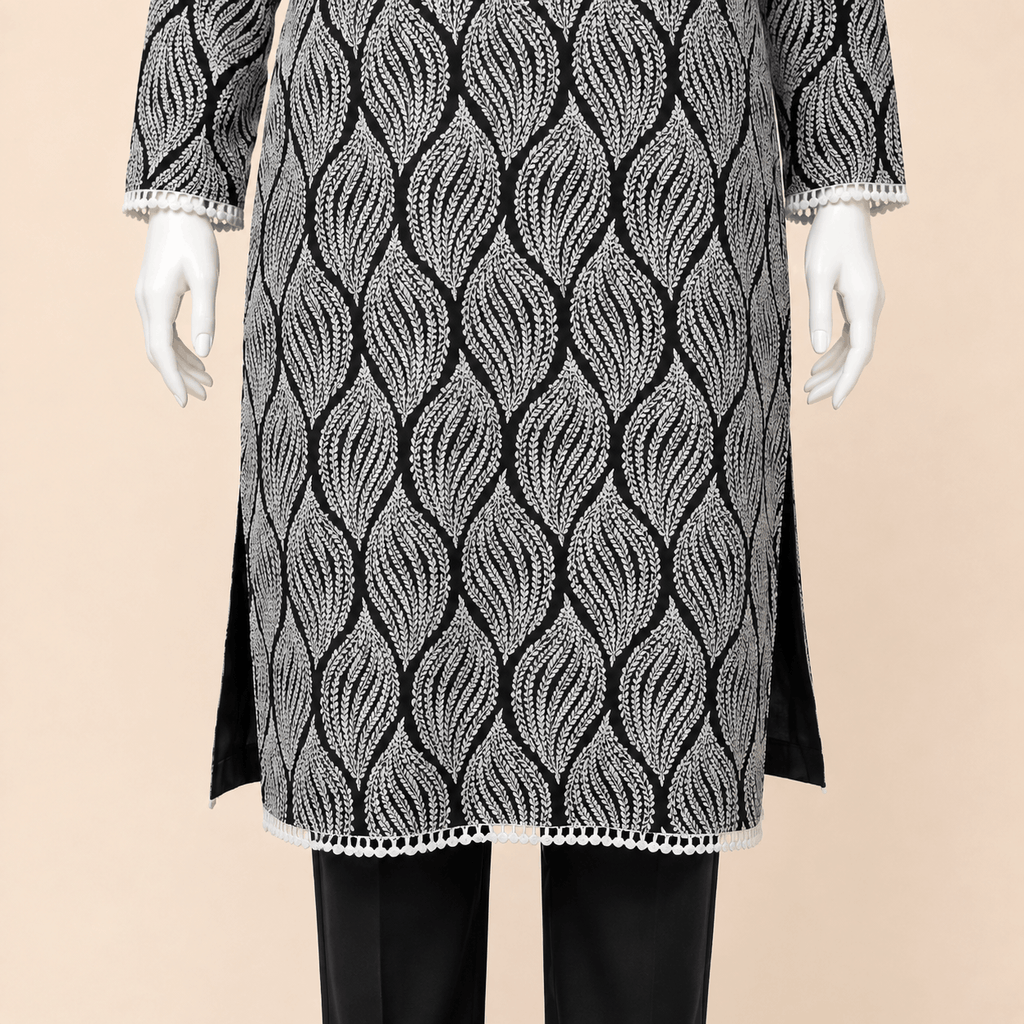 Monochrome Leaf-Print Kurta with Pearl-Trimmed Trousers – 0079M