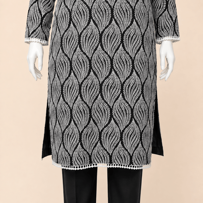 Monochrome Leaf-Print Kurta with Pearl-Trimmed Trousers – 0079M