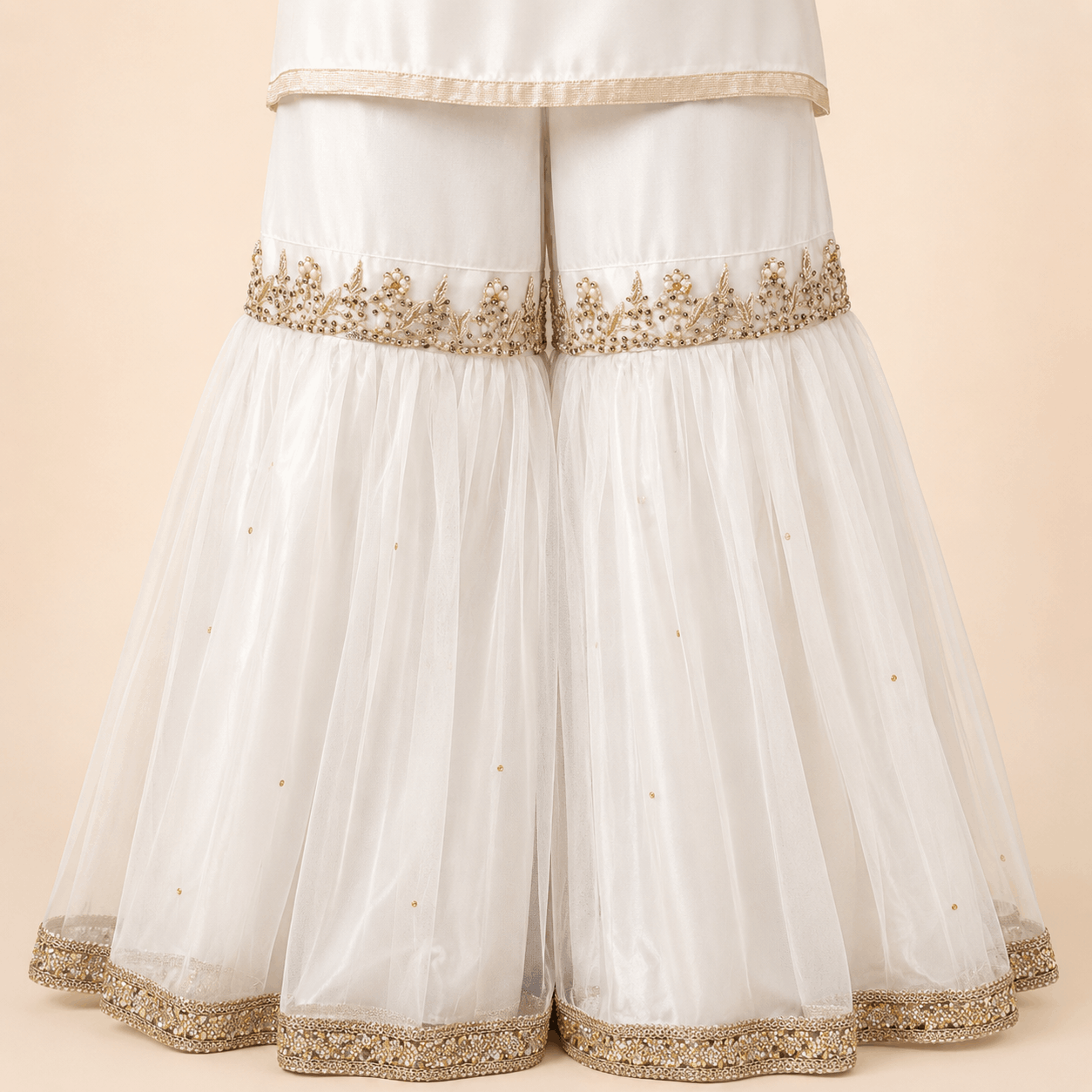 Ivory & Peach Gold Embroidered Gharara Suit with Dupatta – 0092M