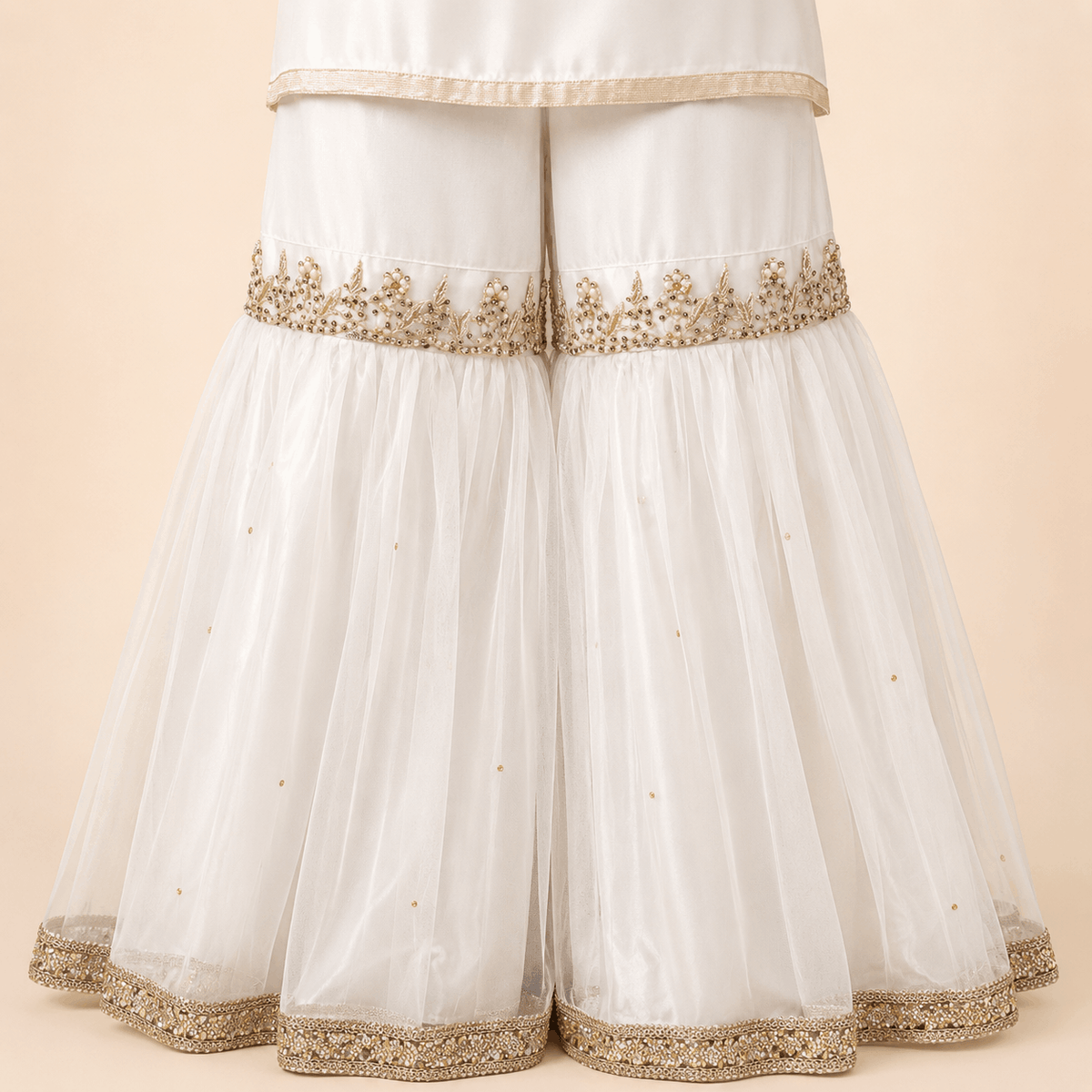 Ivory & Peach Gold Embroidered Gharara Suit with Dupatta – 0092M