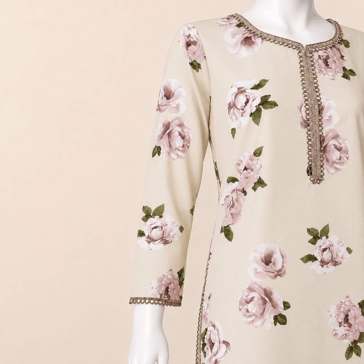 Ivory Blush Rose Printed Lace-Trim Lawn 2-Piece Suit with Farshi shalwar– 0081M