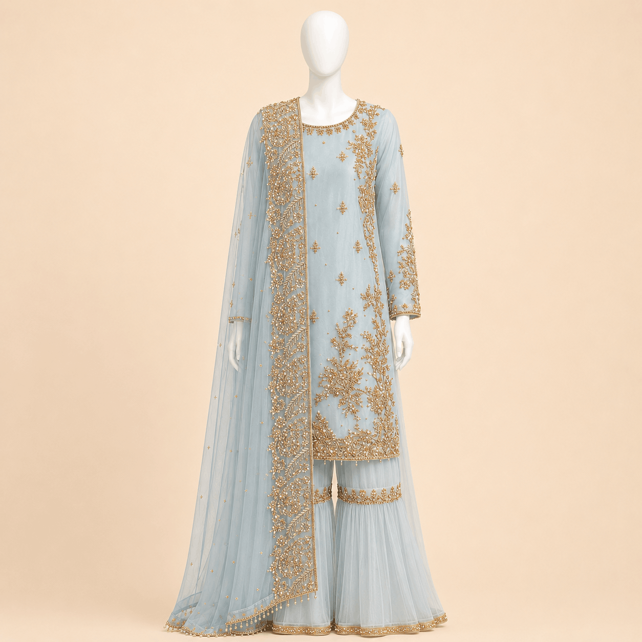Ivory & Peach Gold Embroidered Gharara Suit with Dupatta – 0092M