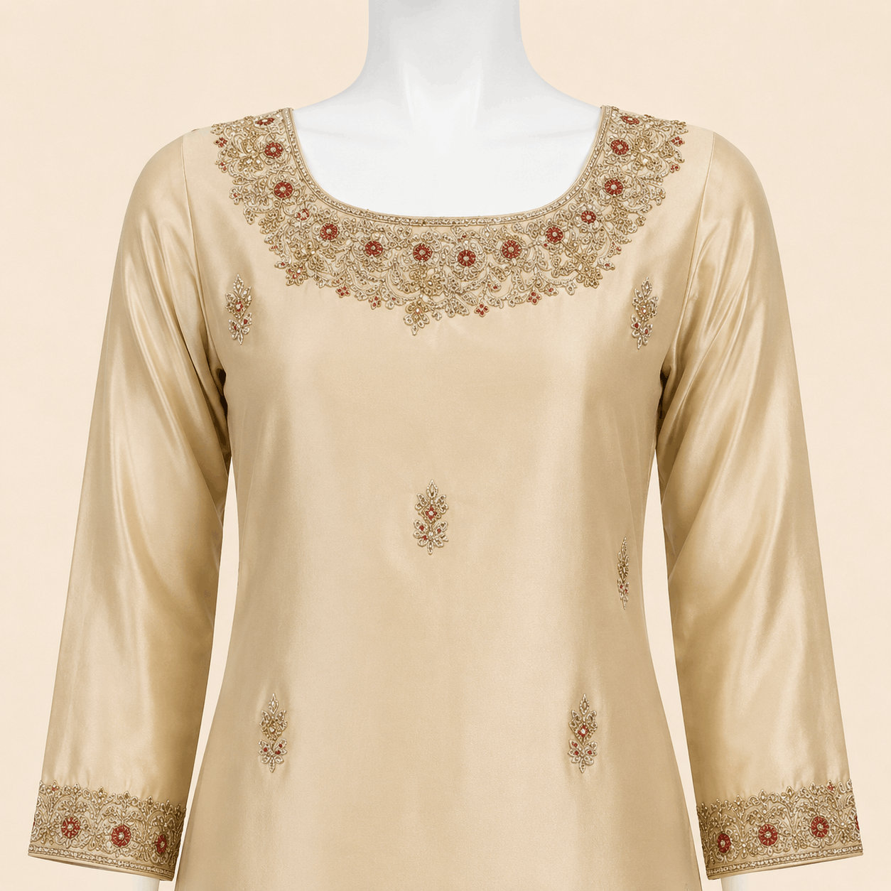 Champagne Gold Embroidered 3-Piece Formal Suit with Maroon Dupatta – 0099M