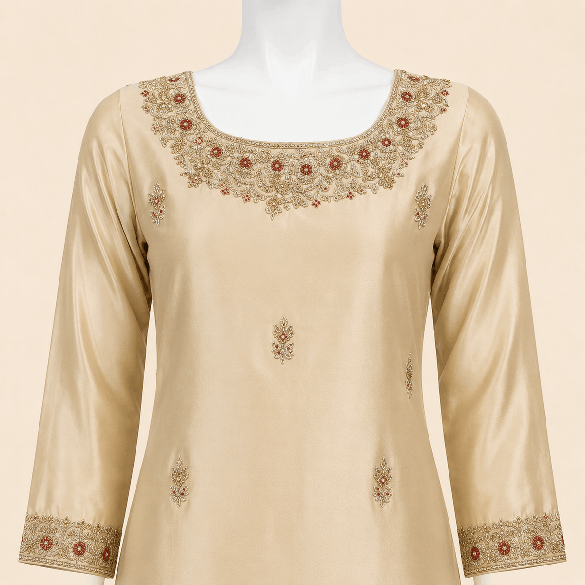 Champagne Gold Embroidered 3-Piece Formal Suit with Maroon Dupatta – 0099M