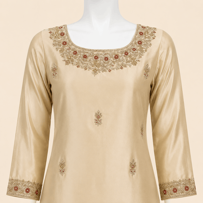 Champagne Gold Embroidered 3-Piece Formal Suit with Maroon Dupatta – 0099M
