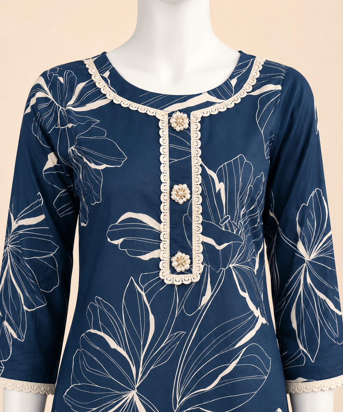 Elegant Navy Blue Floral Print 2-Piece Suit with Pearl Detail – 0115M
