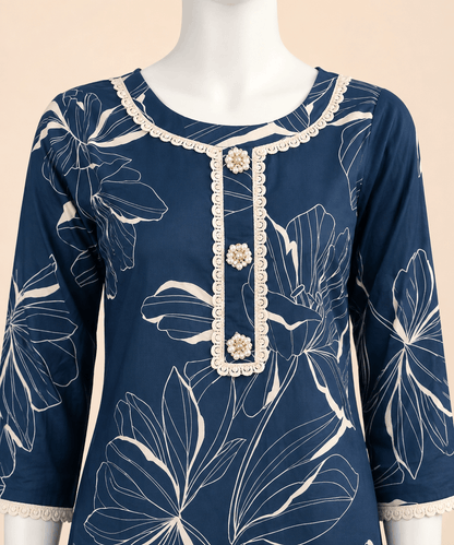 Elegant Navy Blue Floral Print 2-Piece Suit with Pearl Detail – 0115M