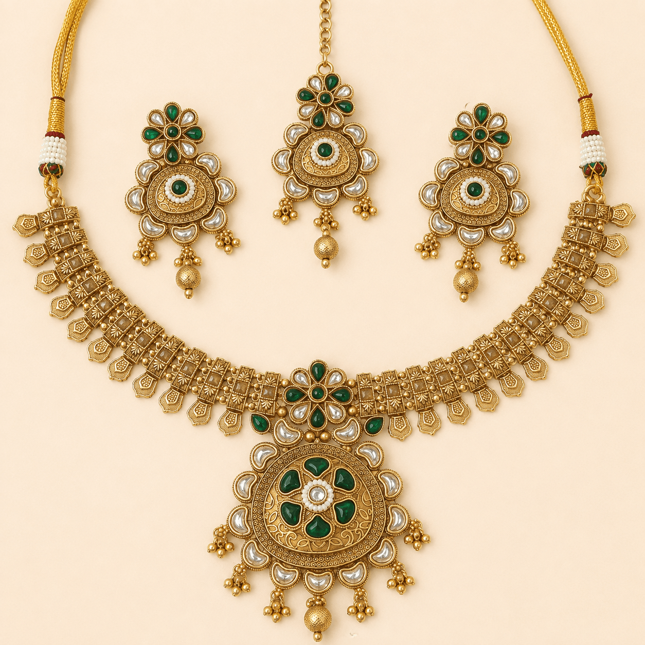Antique Gold Green Stone Necklace Set – 0149M
