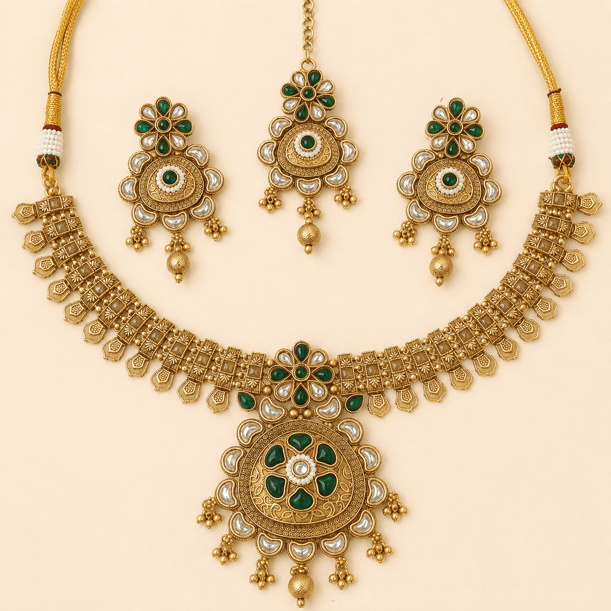 Antique Gold Green Stone Necklace Set – 0149M