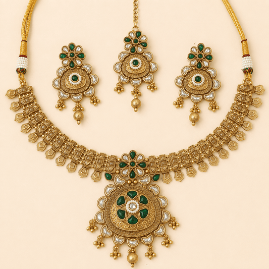 Antique Gold Green Stone Necklace Set – 0149M