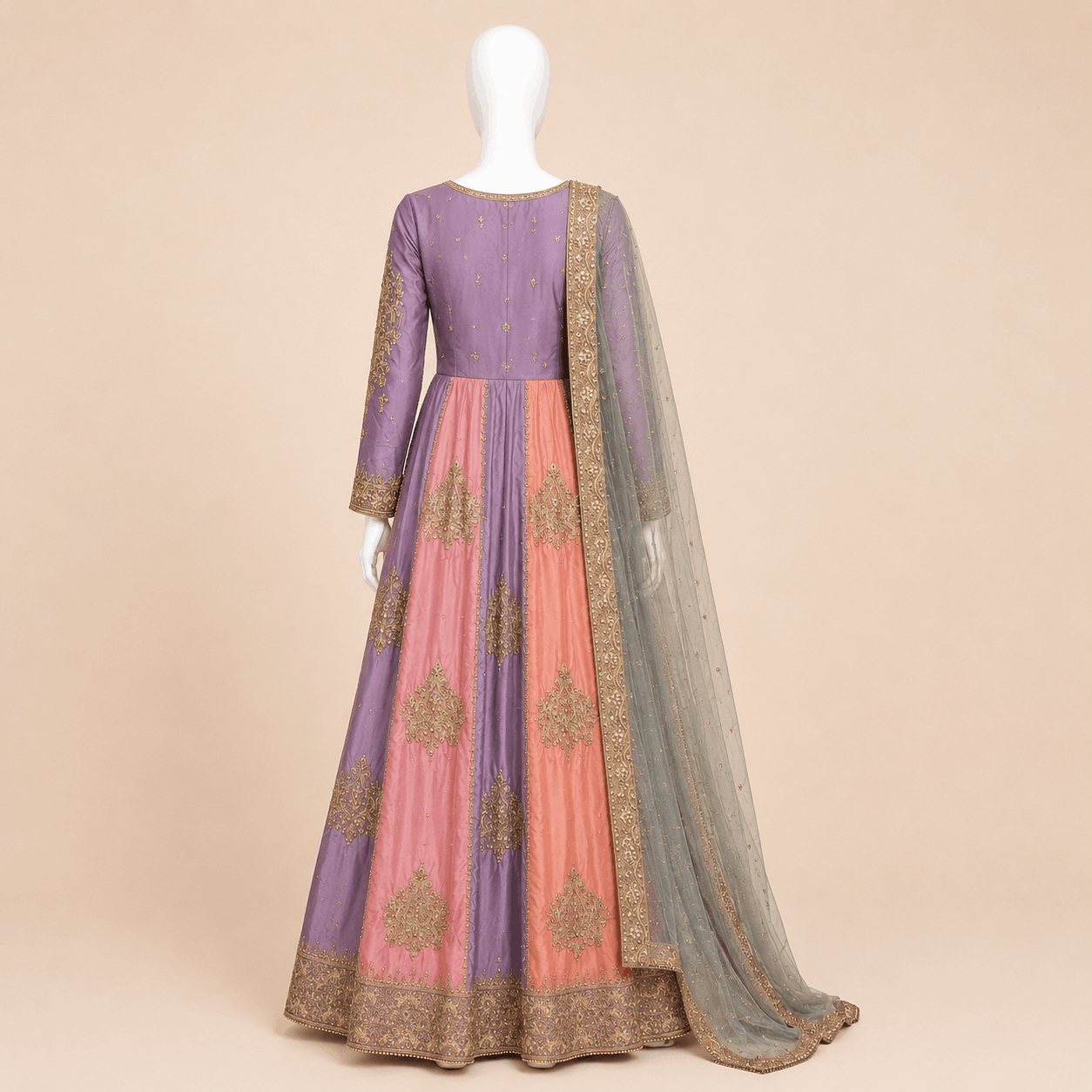 Pastel Lavender & Peach Gold Embroidered Double long Dupatta Bridal Anarkali Maxi – 0100M