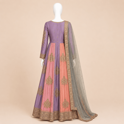 Pastel Lavender & Peach Gold Embroidered Double long Dupatta Bridal Anarkali Maxi – 0100M