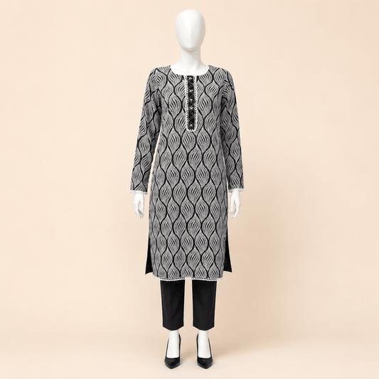 Monochrome Leaf-Print Kurta with Pearl-Trimmed Trousers – 0079M