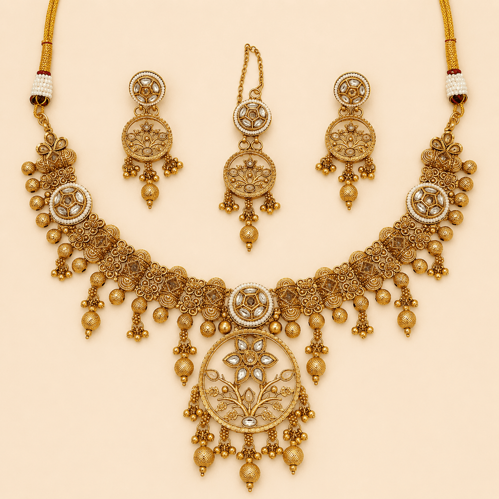 Antique Gold Floral Pendant Jewellery Set – 0153M