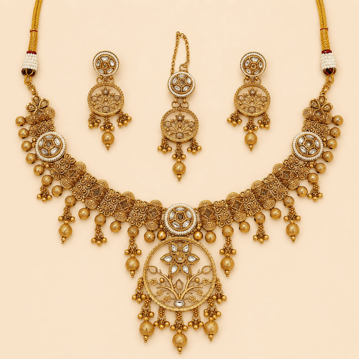 Antique Gold Floral Pendant Jewellery Set – 0153M
