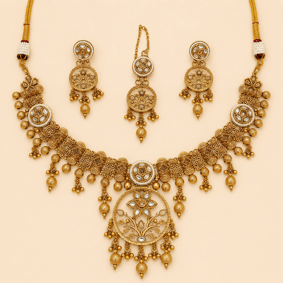 Antique Gold Floral Pendant Jewellery Set – 0153M