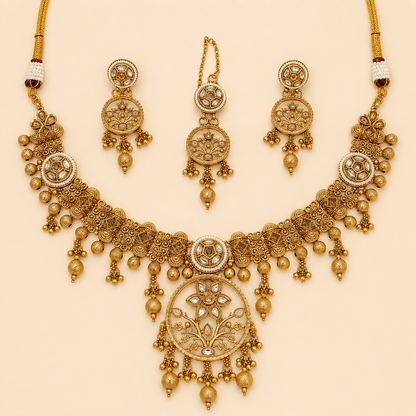 Antique Gold Floral Pendant Jewellery Set – 0153M