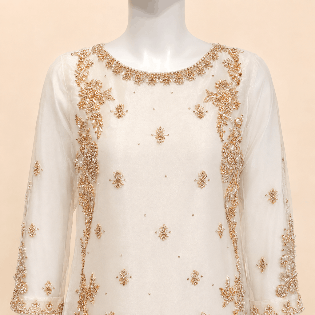 Ivory & Peach Gold Embroidered Gharara Suit with Dupatta – 0092M