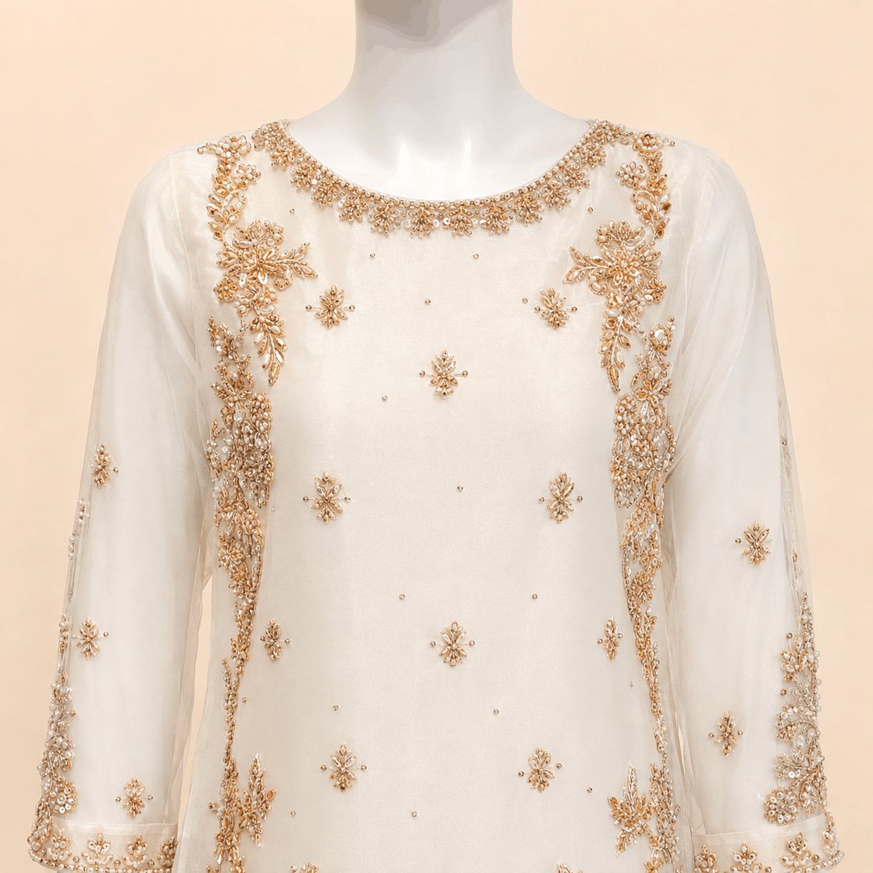 Ivory & Peach Gold Embroidered Gharara Suit with Dupatta – 0092M