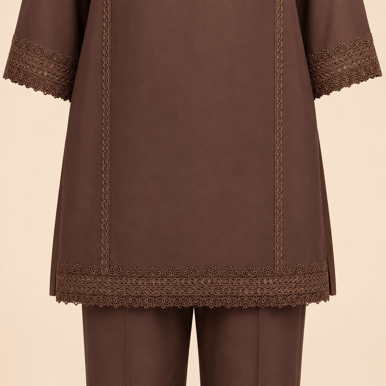Mocha Brown Lace-Embroidered Two-Piece Lawn Suit – 0088M