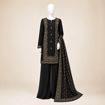 Midnight Noor Black Ethnic Printed 3-Piece Lawn Suit with Digital Printed Dupatta – 0121M
