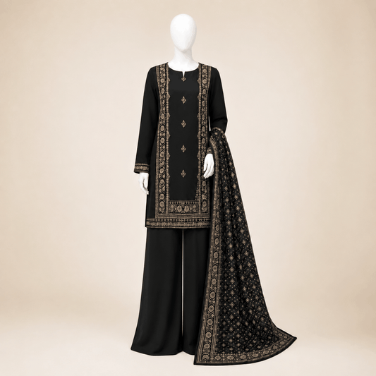 Midnight Noor Black Ethnic Printed 3-Piece Lawn Suit with Digital Printed Dupatta – 0121M