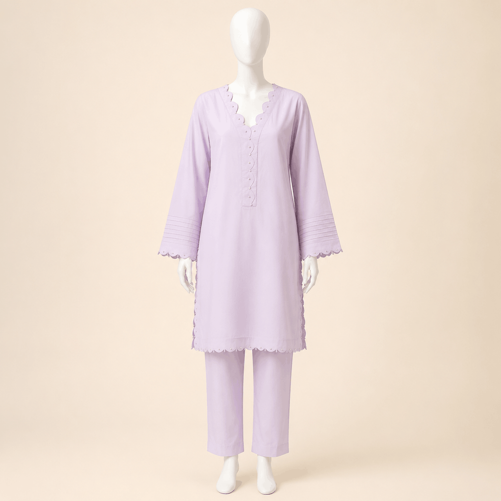 Lilac Pearl-Trim Scalloped Kurta Trouser Set 2-piece lawn suit – 0124M
