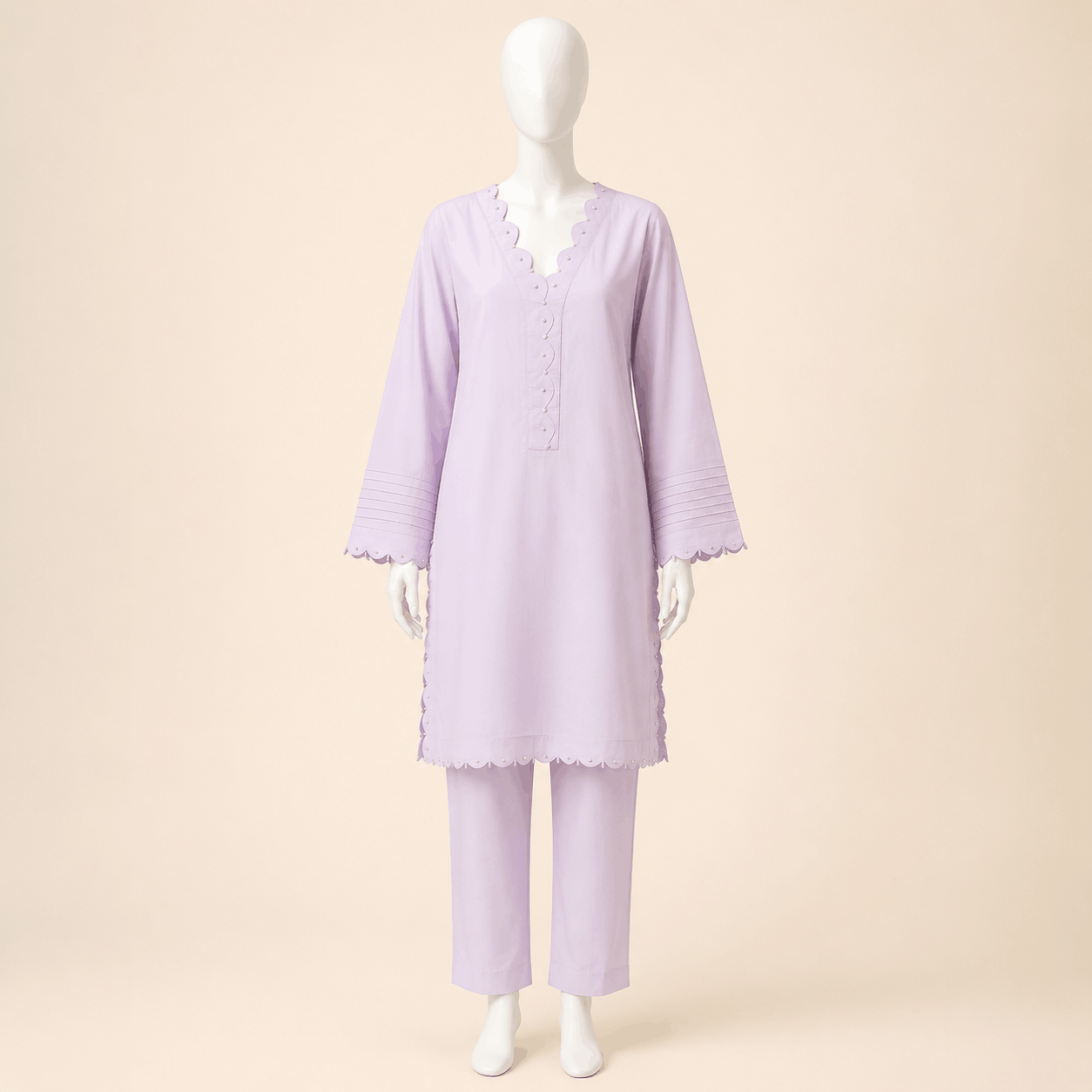 Lilac Pearl-Trim Scalloped Kurta Trouser Set 2-piece lawn suit – 0124M