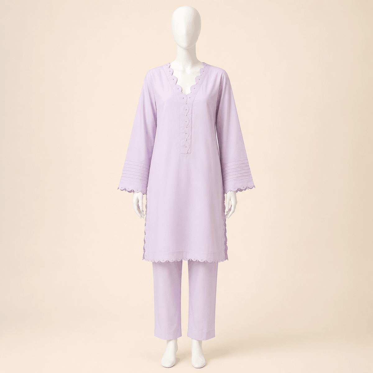 Lilac Pearl-Trim Scalloped Kurta Trouser Set 2-piece lawn suit – 0124M