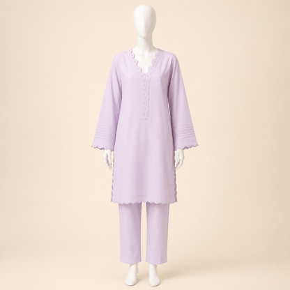 Lilac Pearl-Trim Scalloped Kurta Trouser Set 2-piece lawn suit – 0124M