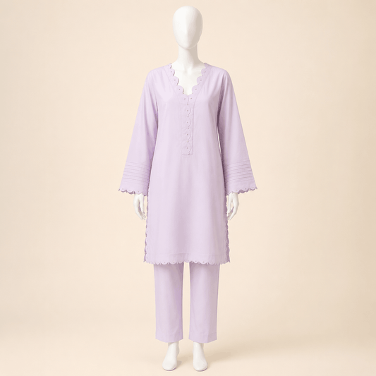 Lilac Pearl-Trim Scalloped Kurta Trouser Set 2-piece lawn suit – 0124M