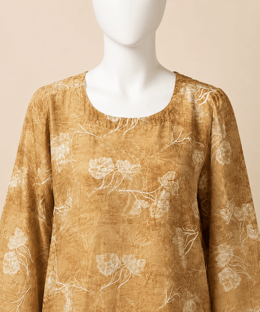 Golden Mocha Floral Embroidery Long Shirt Set – 0132M