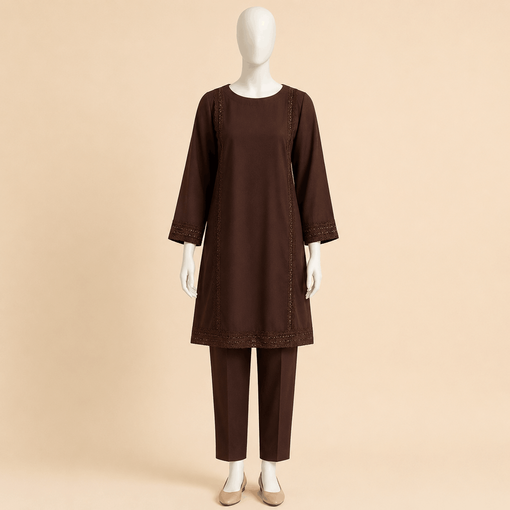 Mocha Brown Lace-Embroidered Two-Piece Lawn Suit – 0088M