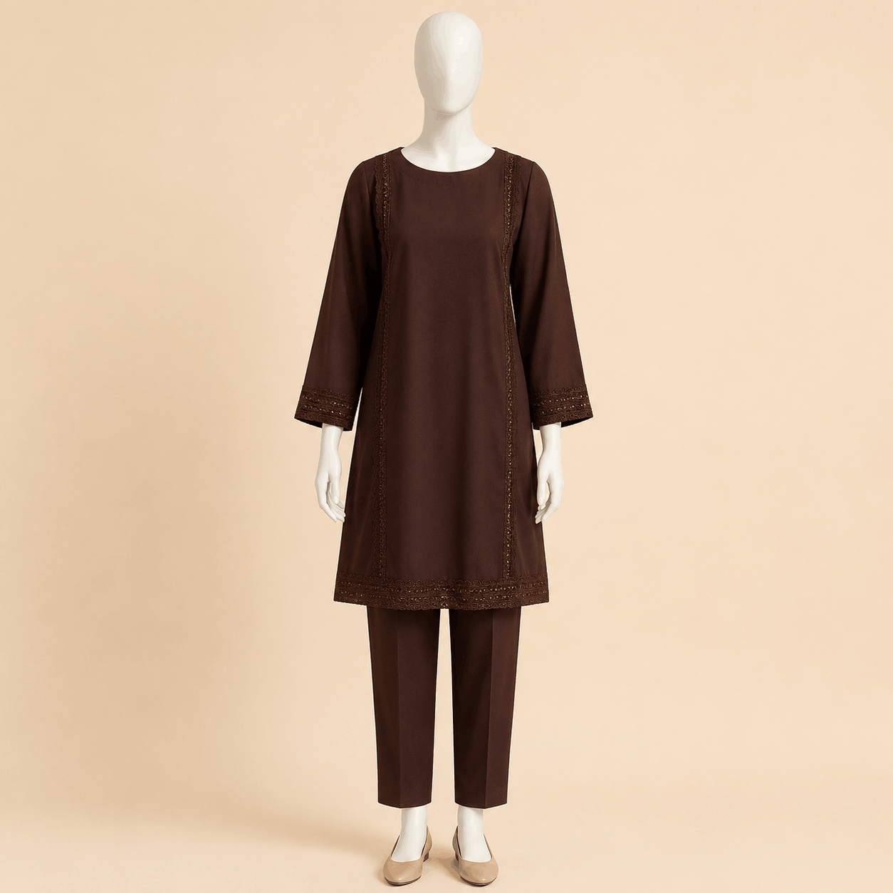 Mocha Brown Lace-Embroidered Two-Piece Lawn Suit – 0088M