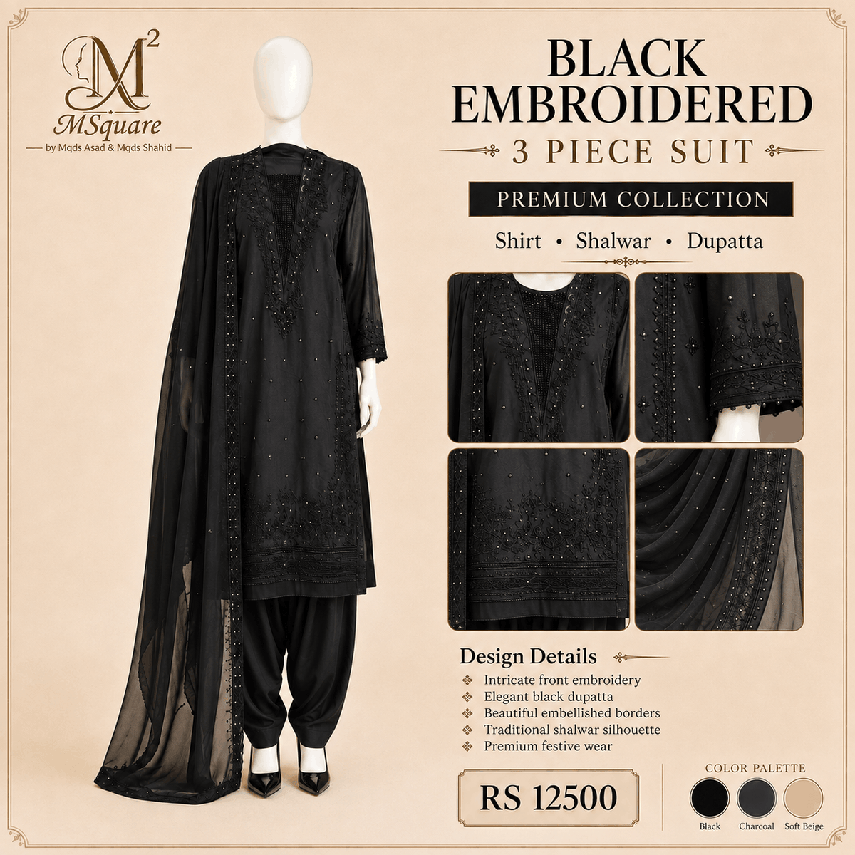 Black Embroidered Shalwar Suit with Chiffon Dupatta – 0145M