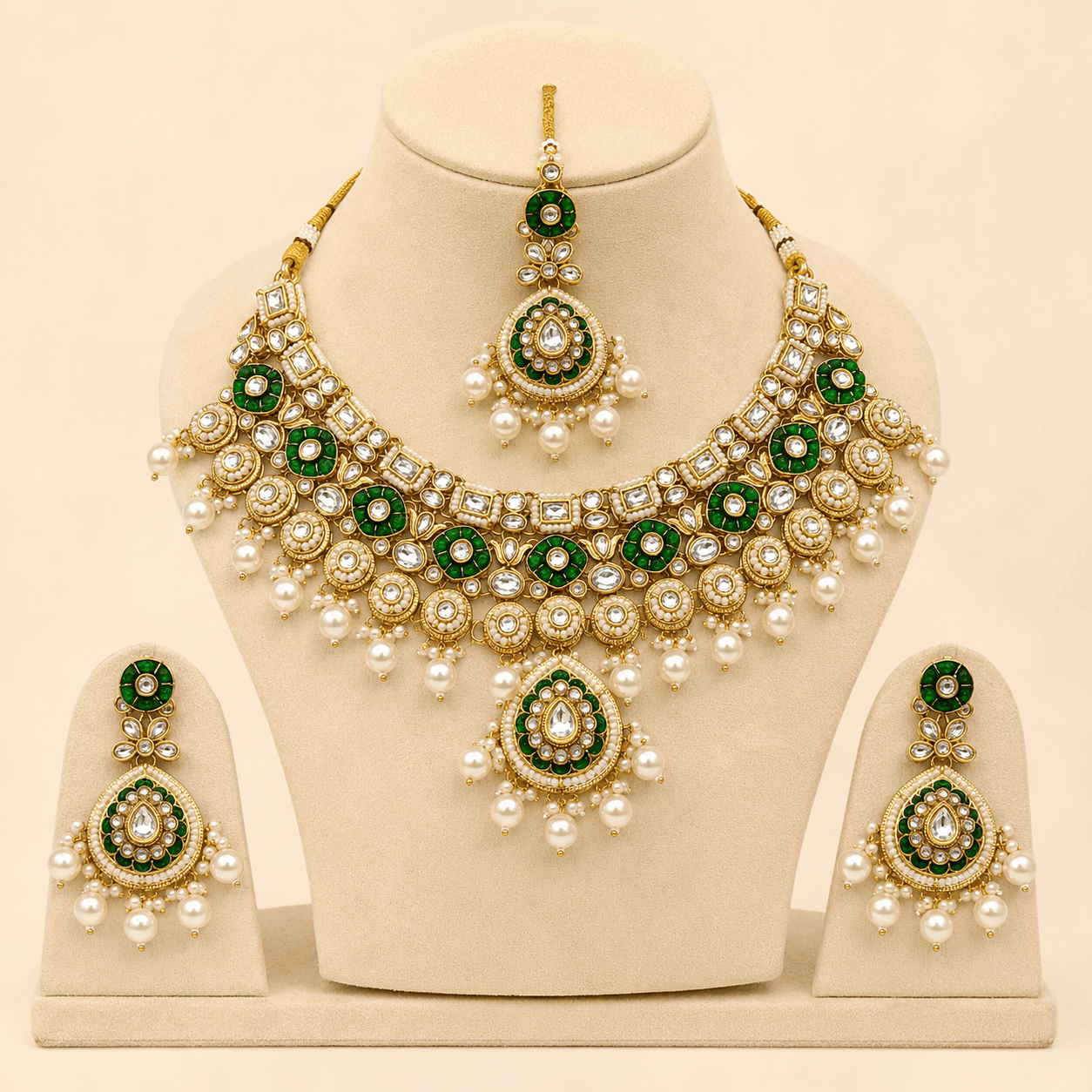 Emerald Pearl Bridal Necklace Set with Earrings & Maang Tikka – 0140M