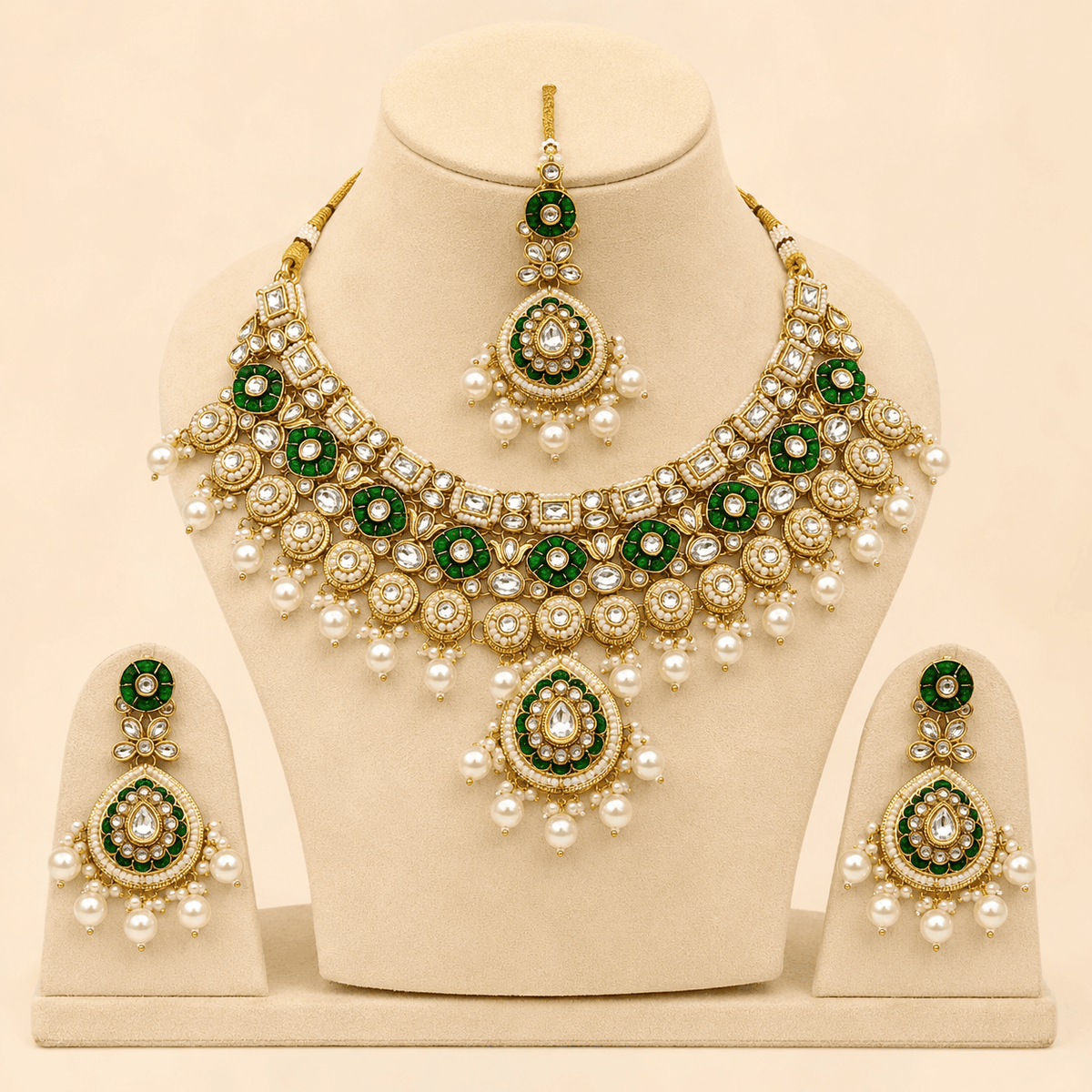 Emerald Pearl Bridal Necklace Set with Earrings & Maang Tikka – 0140M