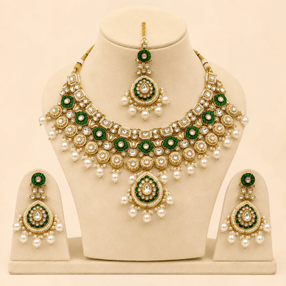 Emerald Pearl Bridal Necklace Set with Earrings & Maang Tikka – 0140M